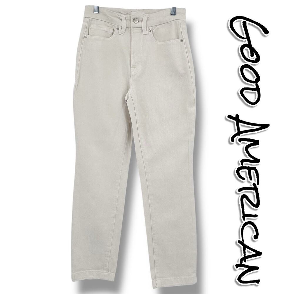 Good American Good Classic Slim Straight Bone High Rise Cream Jeans Womens Sz 26
